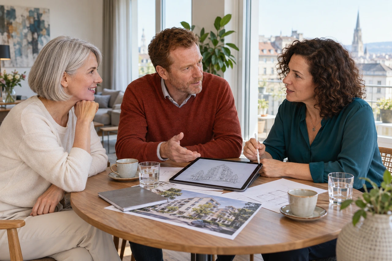 Drei berufserfahrene Menschen im Gespräch in einer hellen österreichischen Wohnung