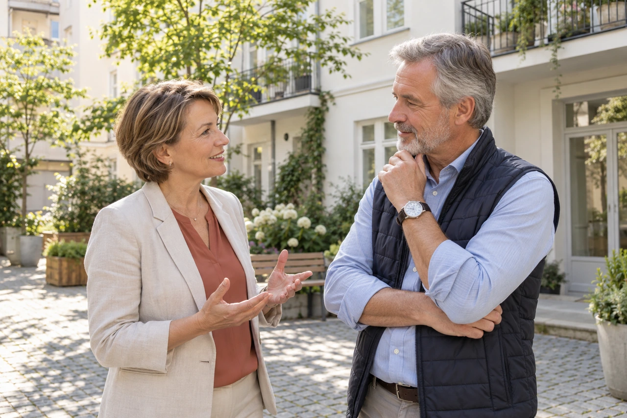 Erfahrene Frau im Gespräch mit einem Eigentümer in einem österreichischen Wohnhof